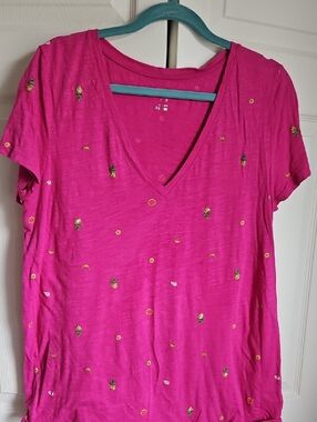 Women's V-Neck Short Sleeve Tee in Bright Pink with Fruit Print